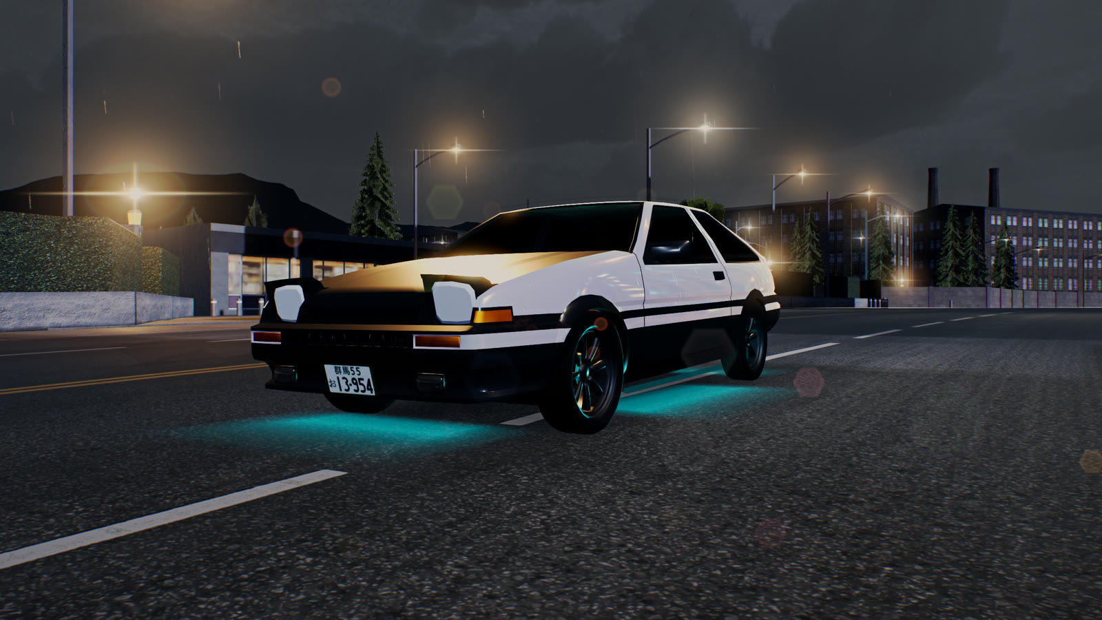A white and black AE86 under street lamps on a wet city road at night
