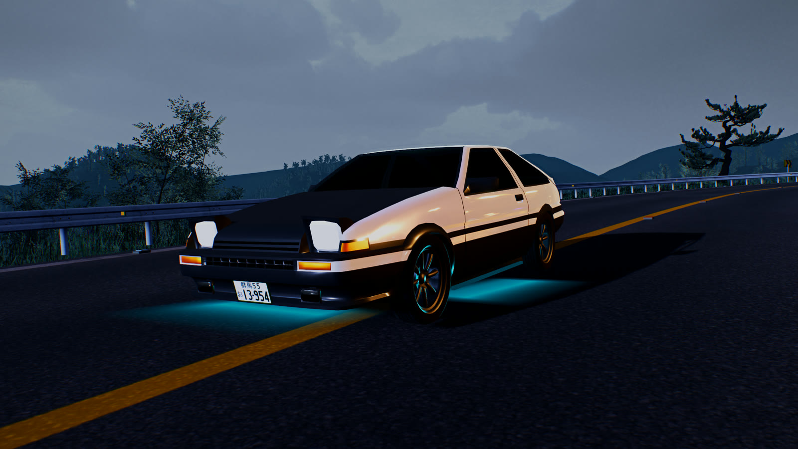 A white and black AE86 on the Hakone mountain road at dusk