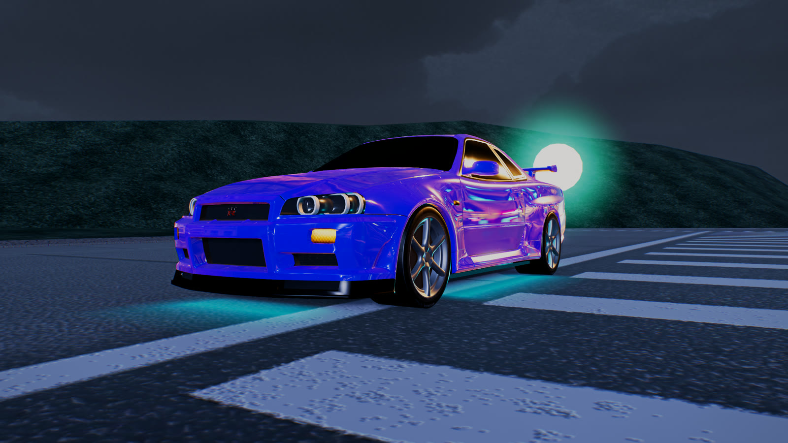 A purple R34 GT-R on the peak lookout under the moon